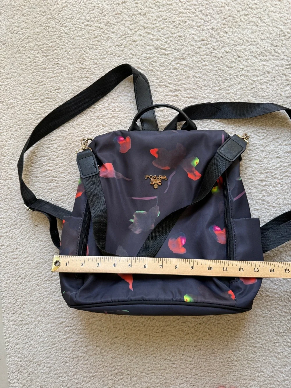 Black Floral Print Nylon Backpack - Women's Convertible Daypack
